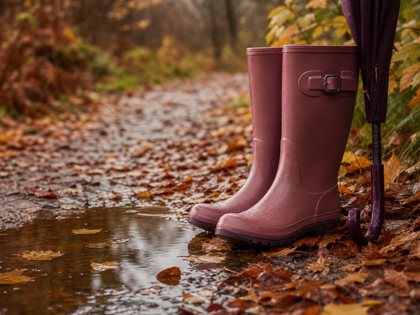 Rosafarbene Gummistiefel an einer herbstlichen Pfütze im Wald